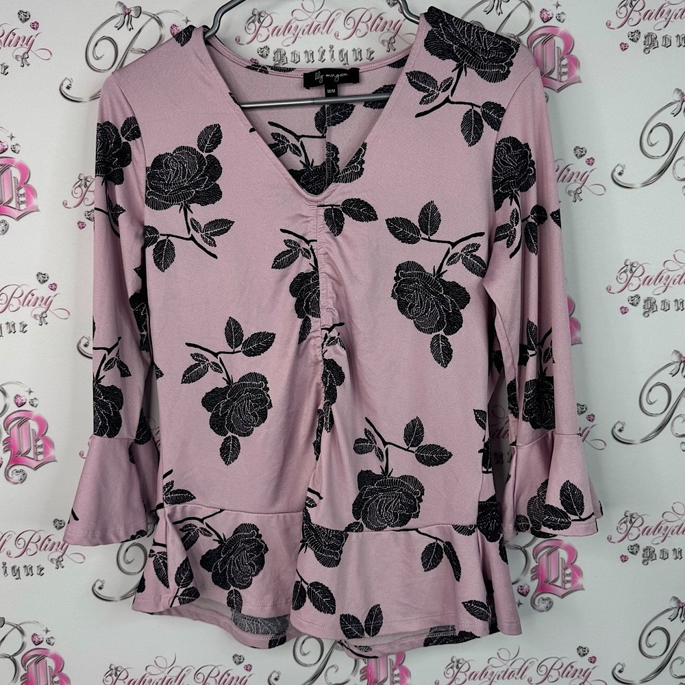 Lily Morgan top flowers ruffle peplum Floral V-Neck Top - Pink and Black